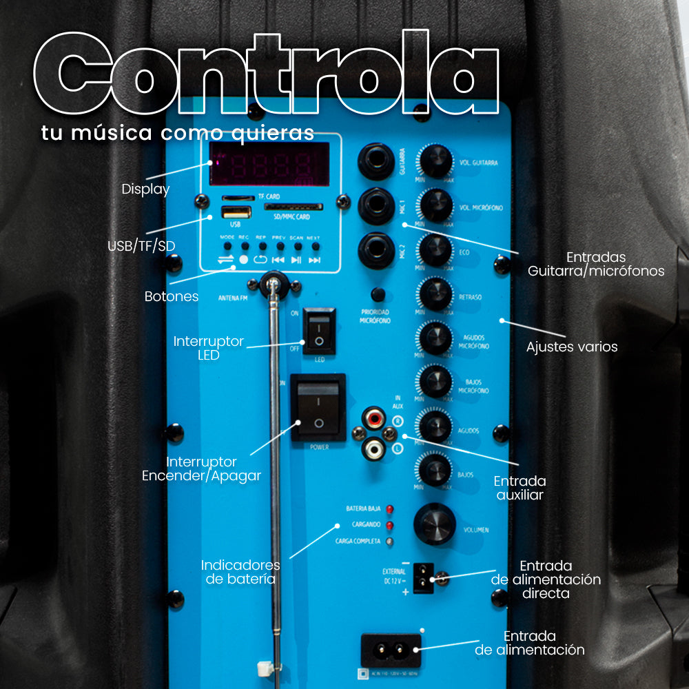BOCINA BAFLE VORAGO 15" BT TWS 100W C/2 MICROFONO INAL PEDESTAL KSP-500