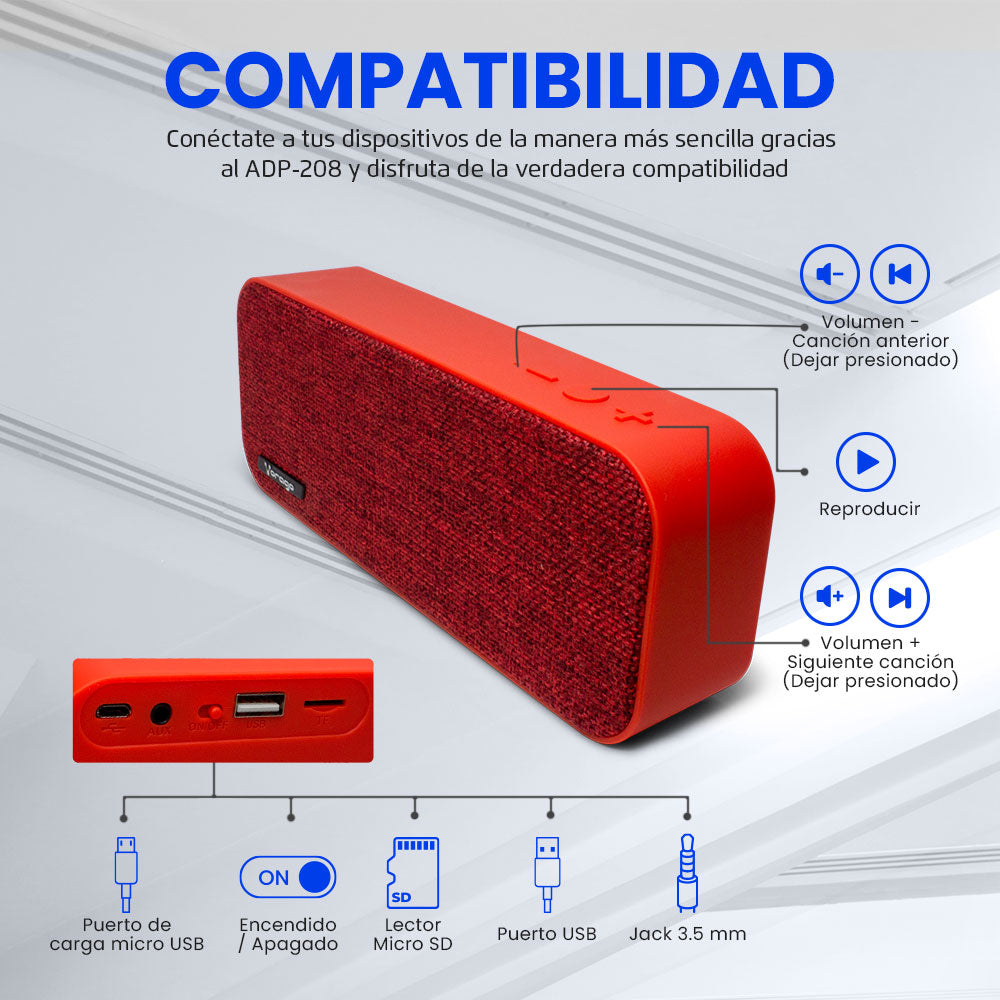 BOCINA VORAGO BLUETOOTH / MSD / USB / 3.5MM TELA ROJO BSP-150 RD