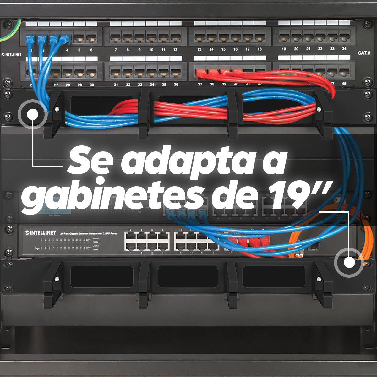 711074 - Intellinet Panneau de gestion des câbles 19", 1U, 4 anneaux plastiques longs, noir Accesorios para rack Panel de ge