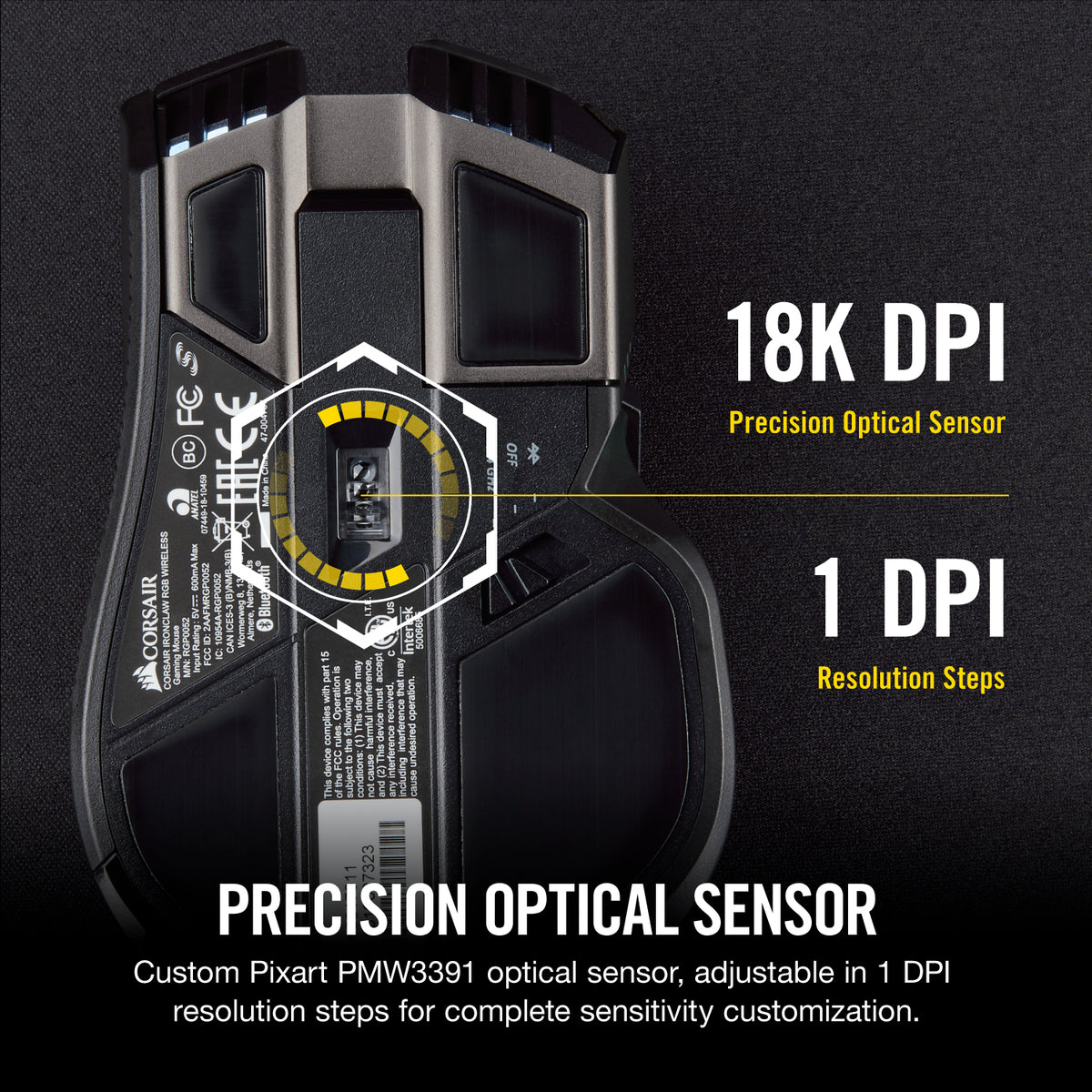 Corsair IRONCLAW RGB ratón Juego mano derecha RF Wireless + Bluetooth + USB Type-A Óptico 18000 DPI