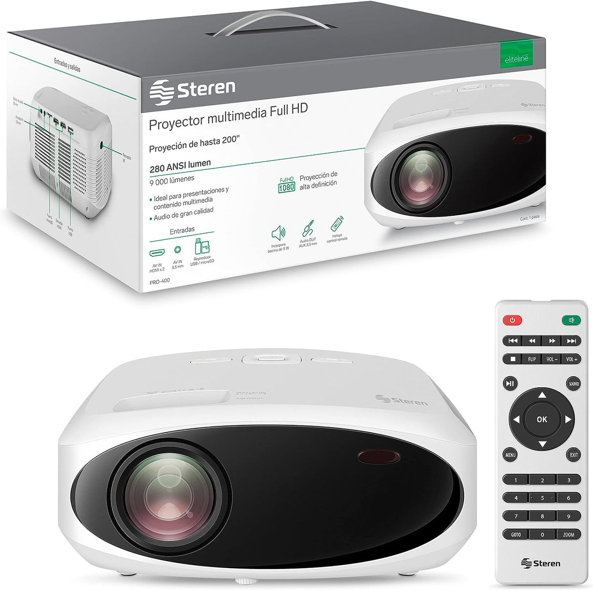 Proyector Steren Pro-400 Multimedia Pórtatil 9000 Lúmenes Fhd Resolución 1080P FullOffice.com