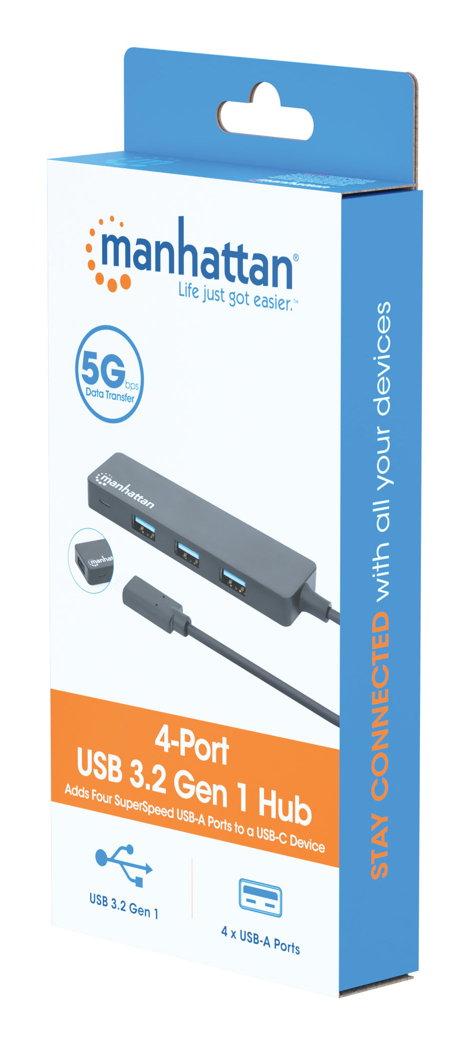 Manhattan Hub/dock USB-C, puertos (4): 4x USB-A, 5 Gbps (USB 3.0), Alimentado por USB (no requiere alimentación externa), equivalente a HB30CM4AB hubs de interfaz USB 3.2 Gen 1 (3.1 Gen 1) Type-C USB 3.2 Gen 1 (3.1 Gen 1) Type-A 4 4