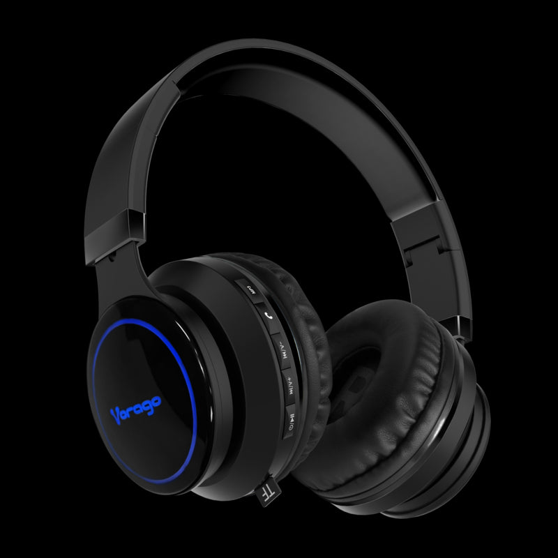 DIADEMA VORAGO BLUETOOTH 5.0 3.5 MM MICROSD NEGRO HPB-201-LED, PLEGABLE, CON MICRÓFONO, 10 HORAS de BATERÍA