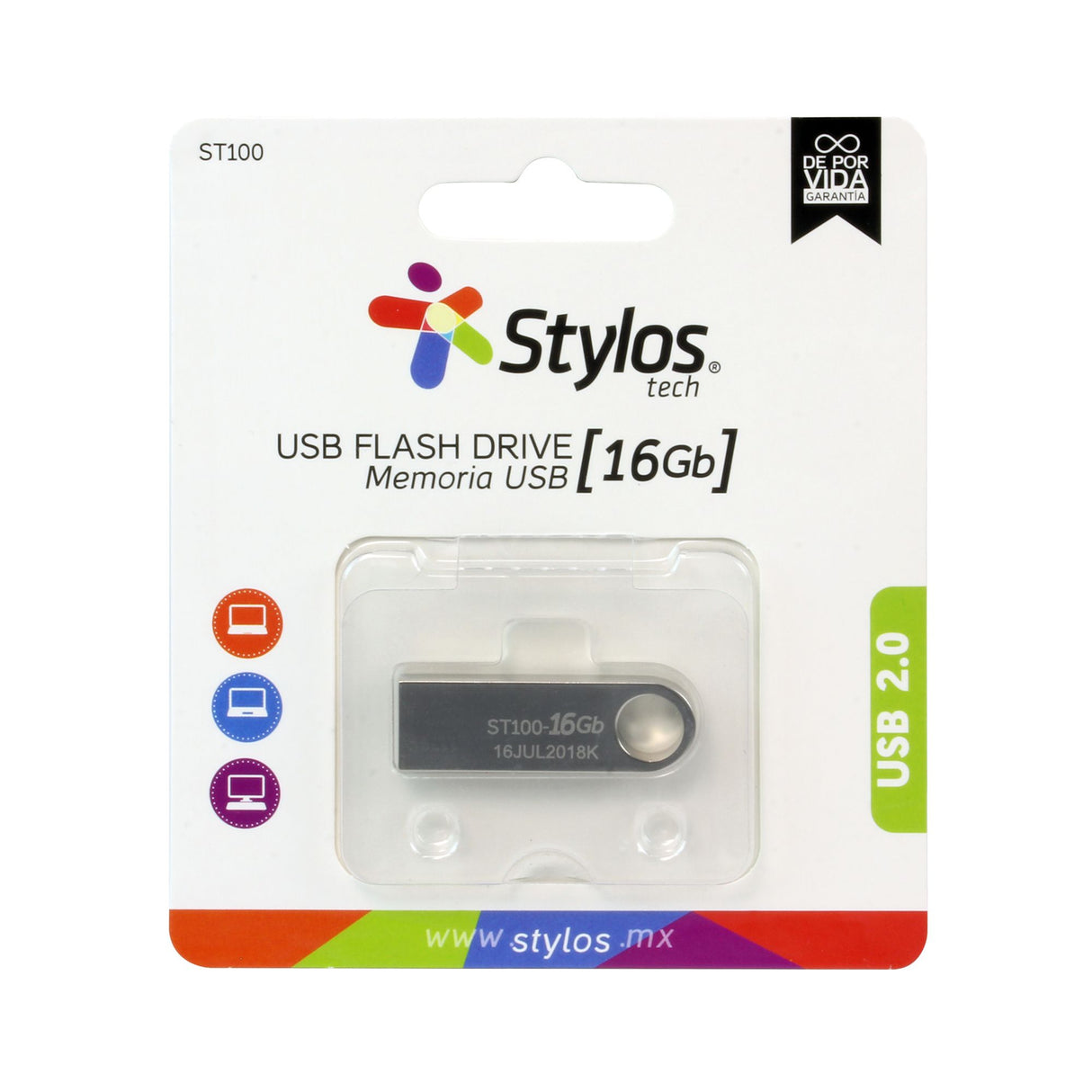 MEMORIA USB STYLOS 16 GB ST100 FLASH 2.0 PLATA STMUSB2B, USB 2.0, 16GB, Color Plata
