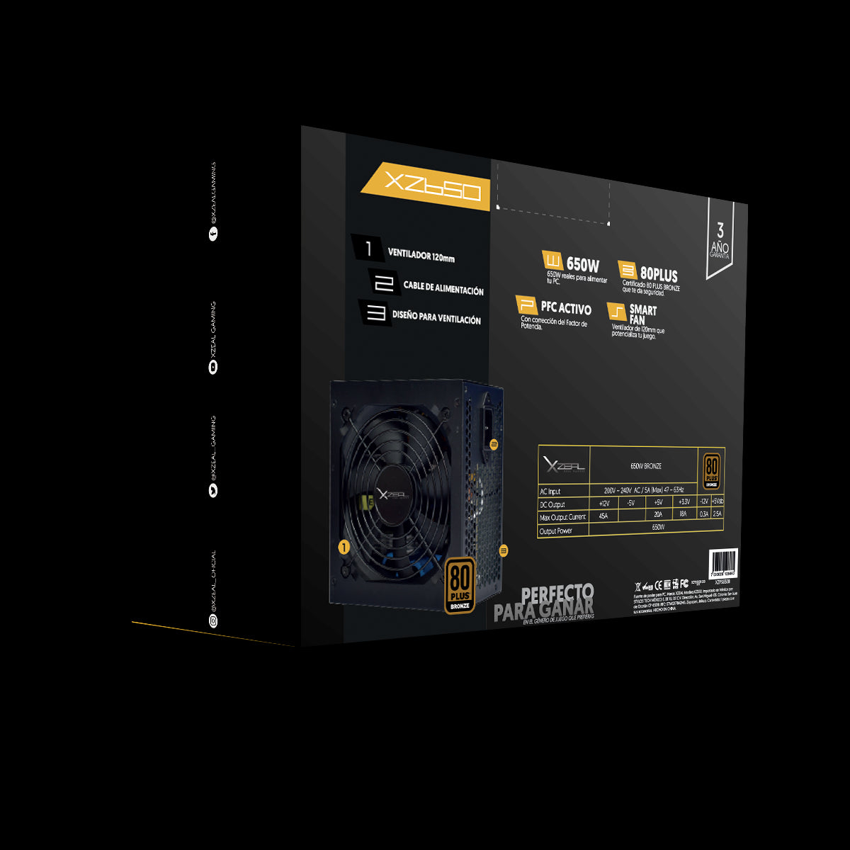 Fuente de Poder Xzeal 650W Bronze 80 Plus, Eficiencia Certificada, Ventilador Silencioso