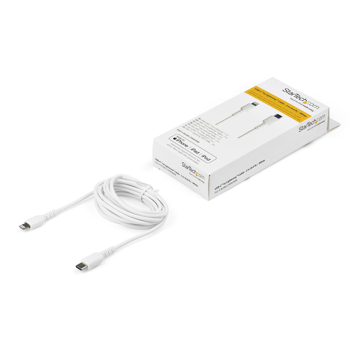 StarTech.com Cable Resistente USB-C a Lightning de 2 m Blanco - Cable de Sincronización y Carga USB Tipo C a Lightning con Fibra de Aramida Resistente - Certificado MFi de Apple - para iPad/iPhone 12 Cable Blanco 2 m USB C Lightning