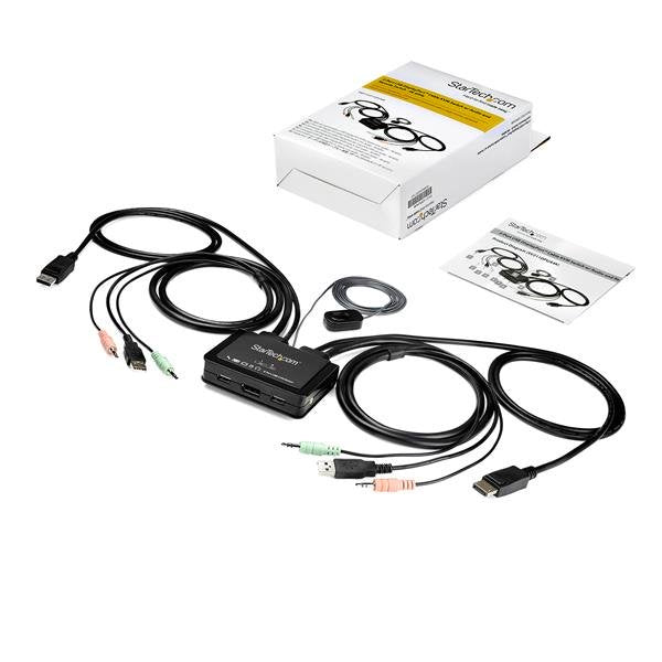 StarTech.com Switch Conmutador KVM de 2 Puertos DisplayPort 4K60Hz con Cables Incorporados Interruptores KVM 1 USB 4K Ul