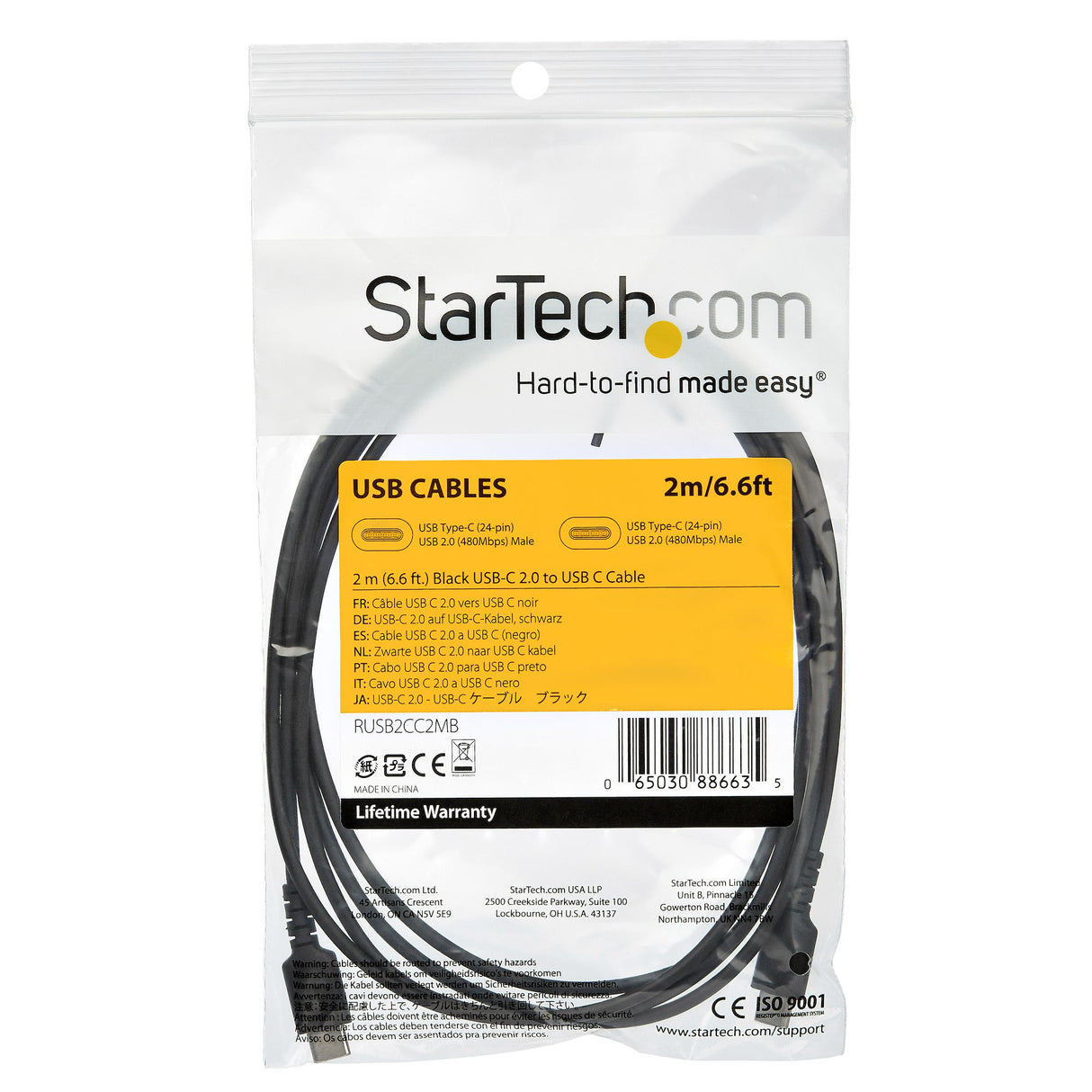 StarTech.com Cable de 2m de Carga USB C - de Carga Rápida y Sincronización USB 2.0 Tipo C a USB C para Portátiles - Revestimiento TPE de Fibra de Aramida M/M 60W Negro - iPad Pro Surface Cable USB 2.0 USB C USB C Macho