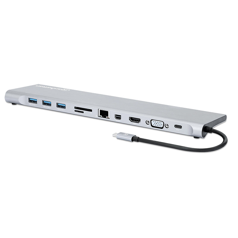 Docking Station Manhattan USB-C 11 en 1 MST para 3 Monitores, 4K, Gigabit Ethernet, SD/TF