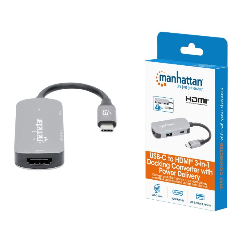 Docking Station USB C 3 Puertos HDMI/USB-A/USB-C PD Manhattan 130707, 4K, 100W, Compacto