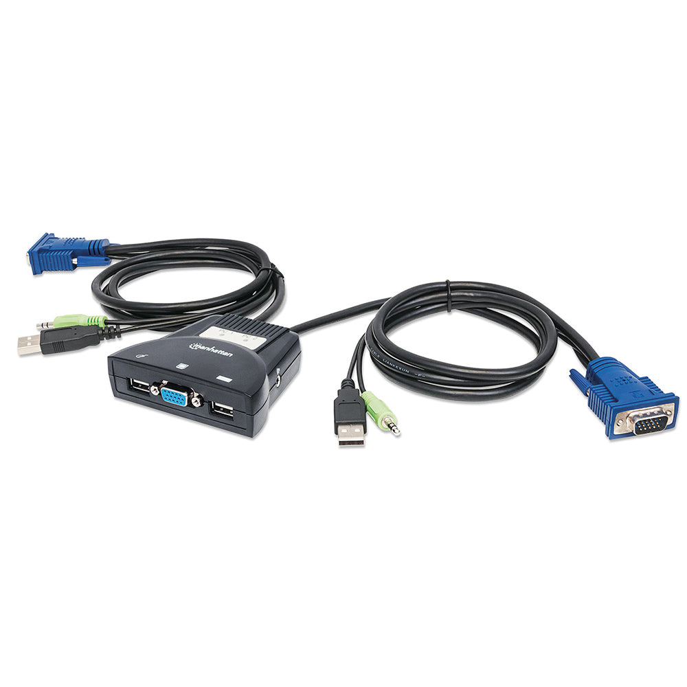 Conmutador KVM USB 2:1 Manhattan con cables, audio y micrófono, 2 puertos USB
