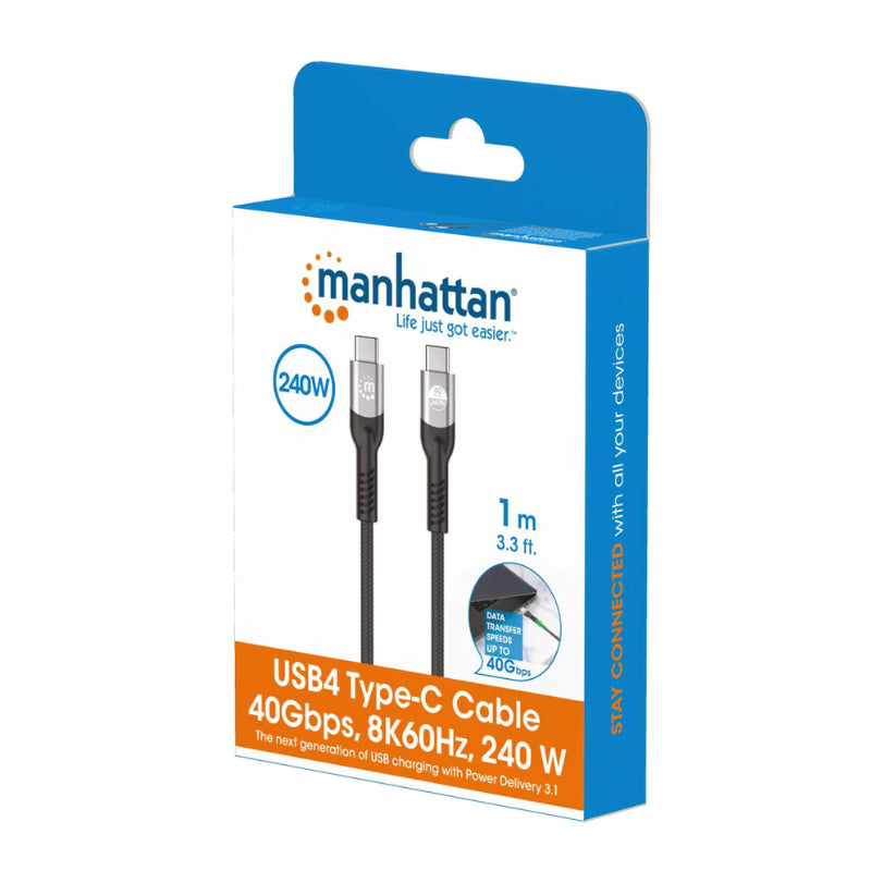 Cable Manhattan USB-C V4 Thunderbolt4 C-C 1.0M 8K 240W, Alta Velocidad y Potencia