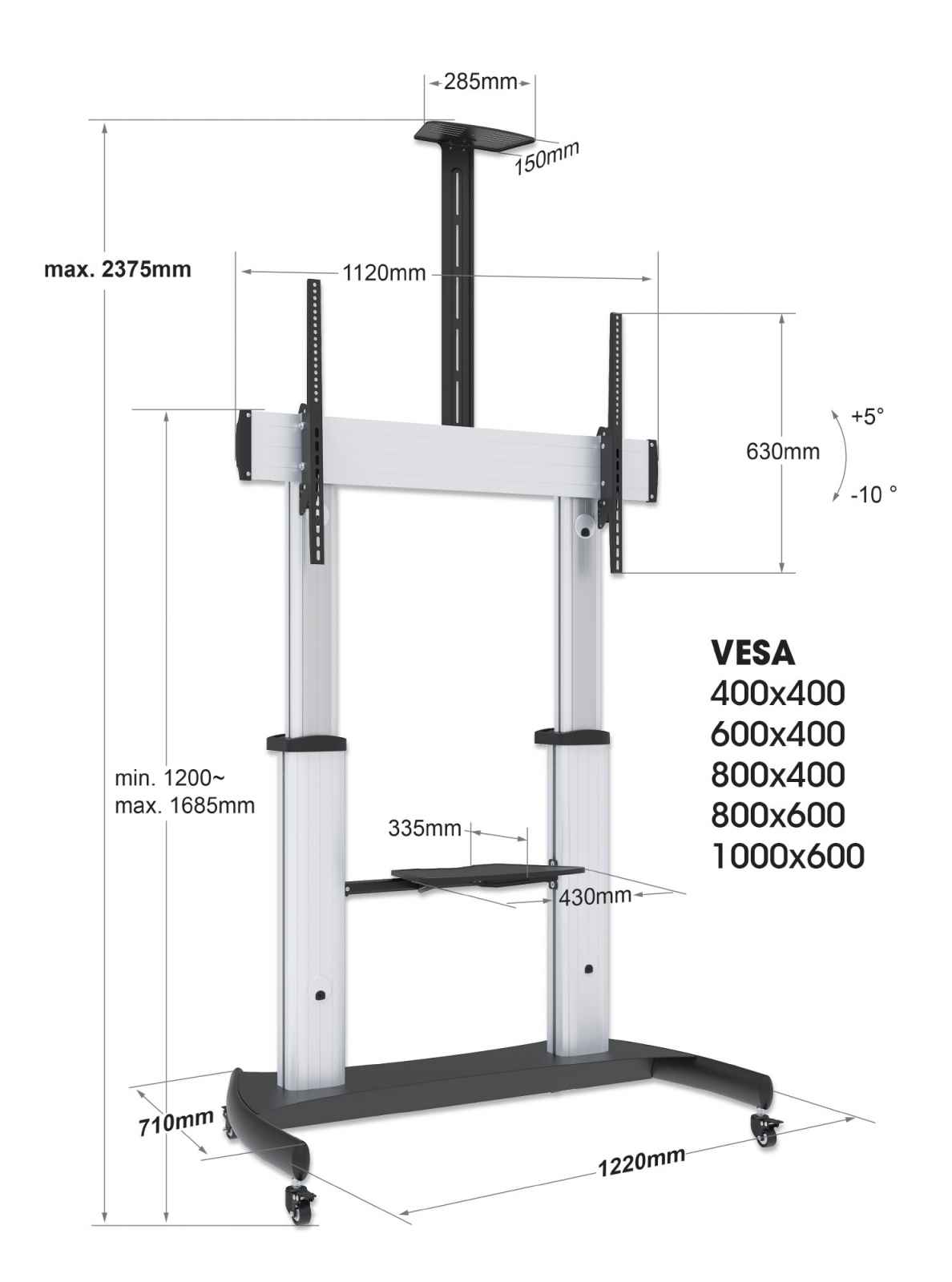Soporte Manhattan TV Tipo Carro 100kg, Aluminio 60A100, Repisa 461672, Ajustable