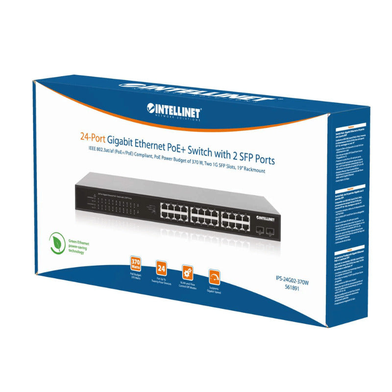Switch PoE Intellinet 19 GB, 24 Puertos 370W, 30W x Puerto, 2 SFP
