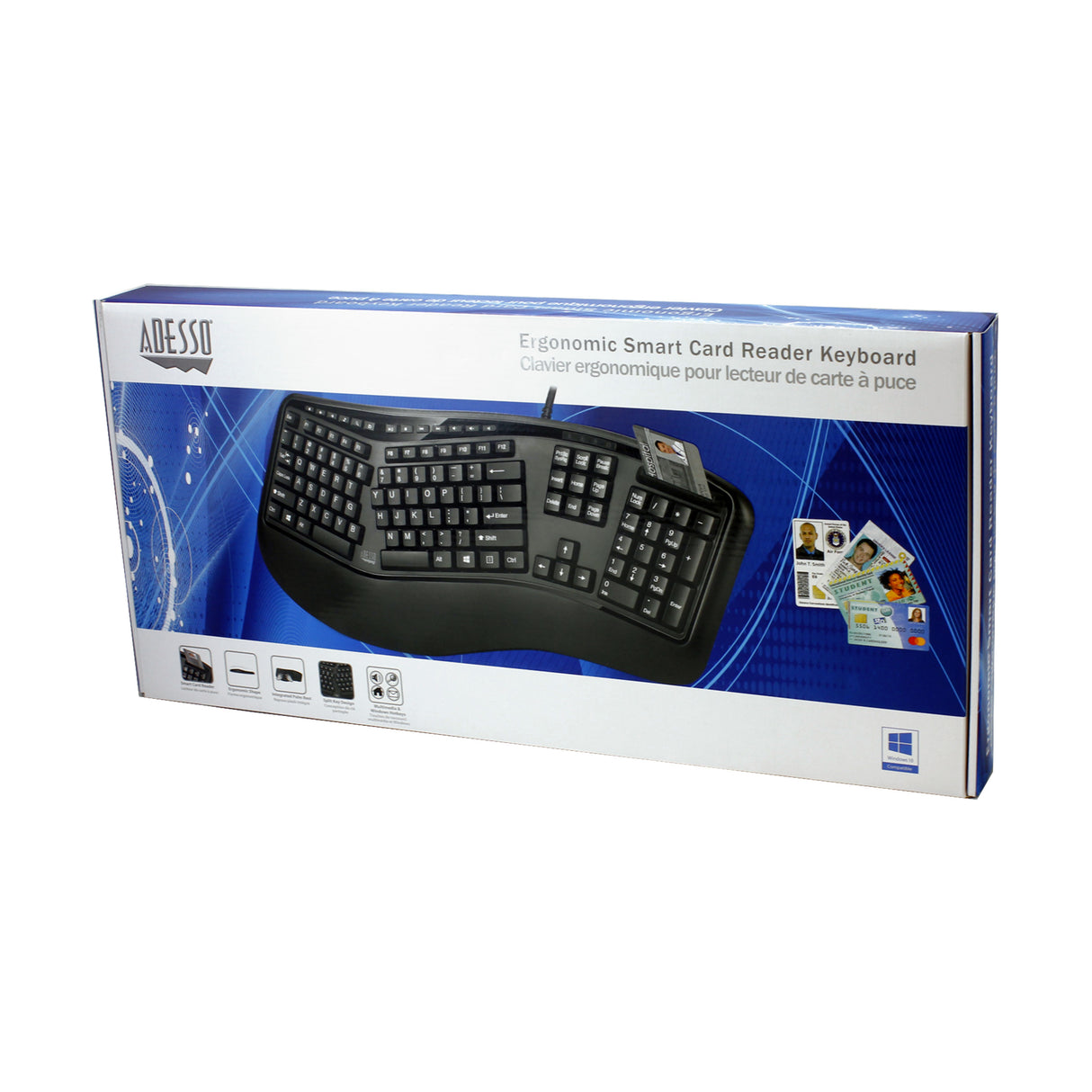 Adesso TruForm AKB-150SB-TAA Desktop Ergonomic Smart Card Reader Keyboard (TAA Compliant), Black