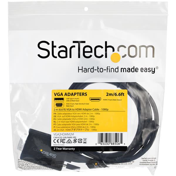 StarTech.com Cable de 2m Adaptador VGA a HDMI - Alimentado por USB - 1080p Cable Derecho Derecho USB 2 m