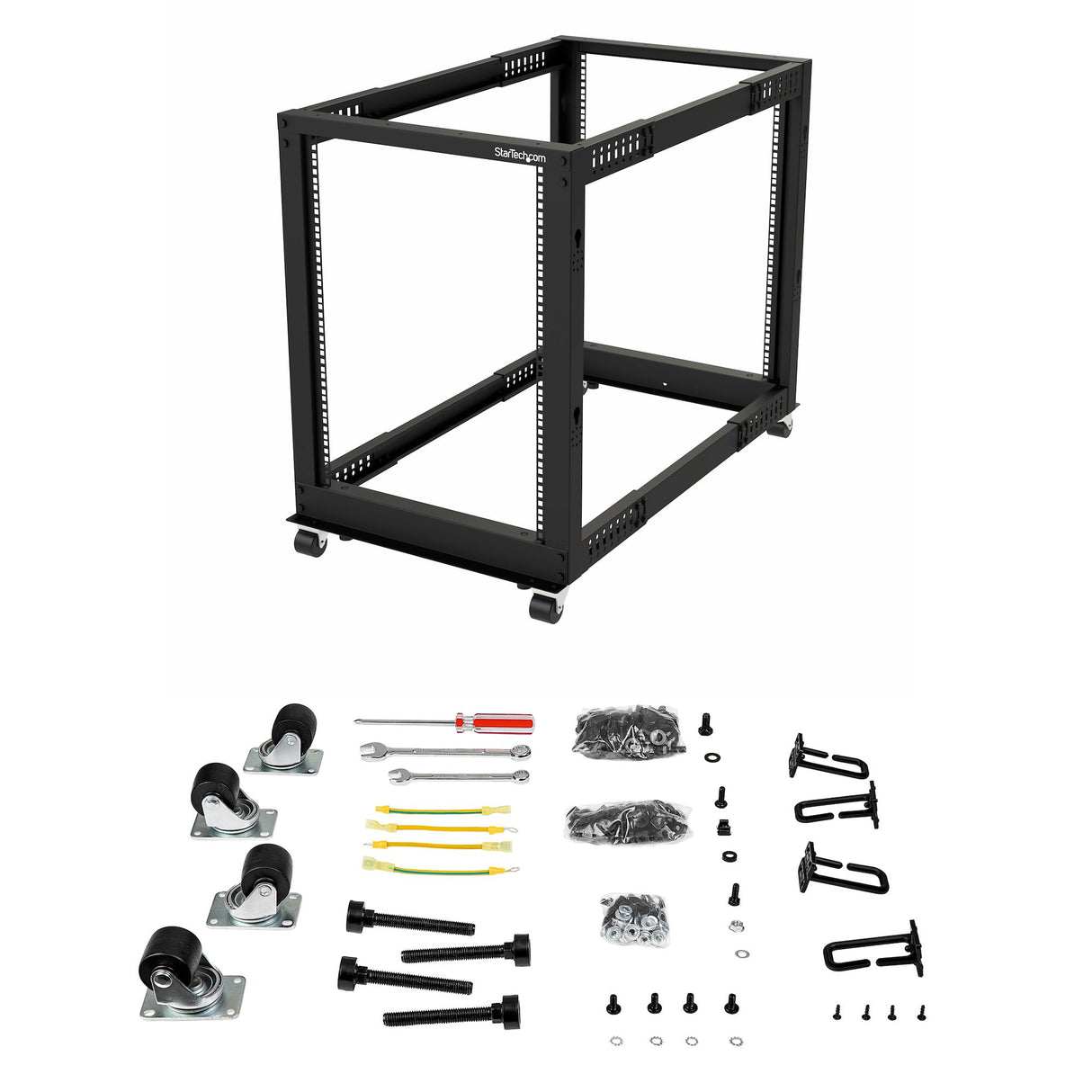 StarTech.com Rack 15U Móvil de Marco Abierto de 4 Columnas para Servidores - Rack de Cuatro Columnas de 19 Pulgadas para Equipo de Red e Informático - Ruedas o Patas Niveladoras Rack 15U Rack o bastidor independiente 544 kg Negro