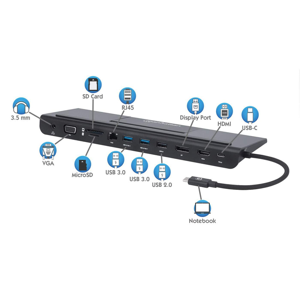 Manhattan Docking station de USB-C a 11 puertos, para tres monitores, con MST Laptop Alámbrico USB 3.2 Gen 1 (3.1 Gen 1)