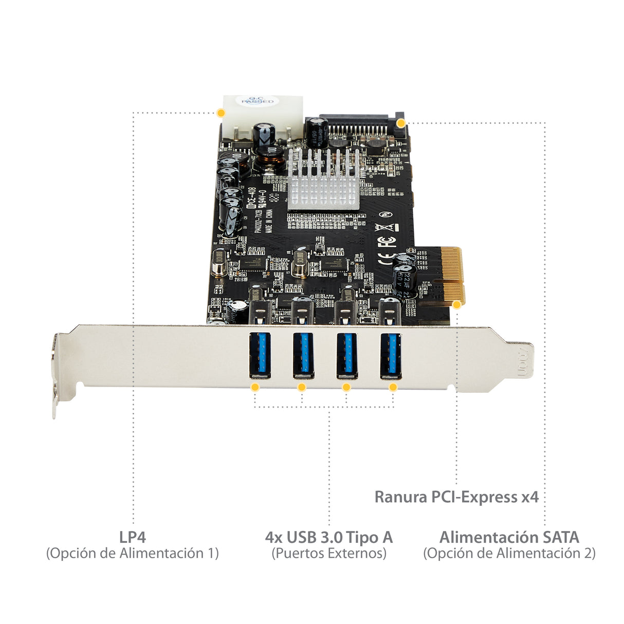 StarTech.com Adaptador Tarjeta PCI Express PCI-E 4 Puertos USB 3.0 UASP 2 Canales de 5Gbps con Alimentación Molex SATA T