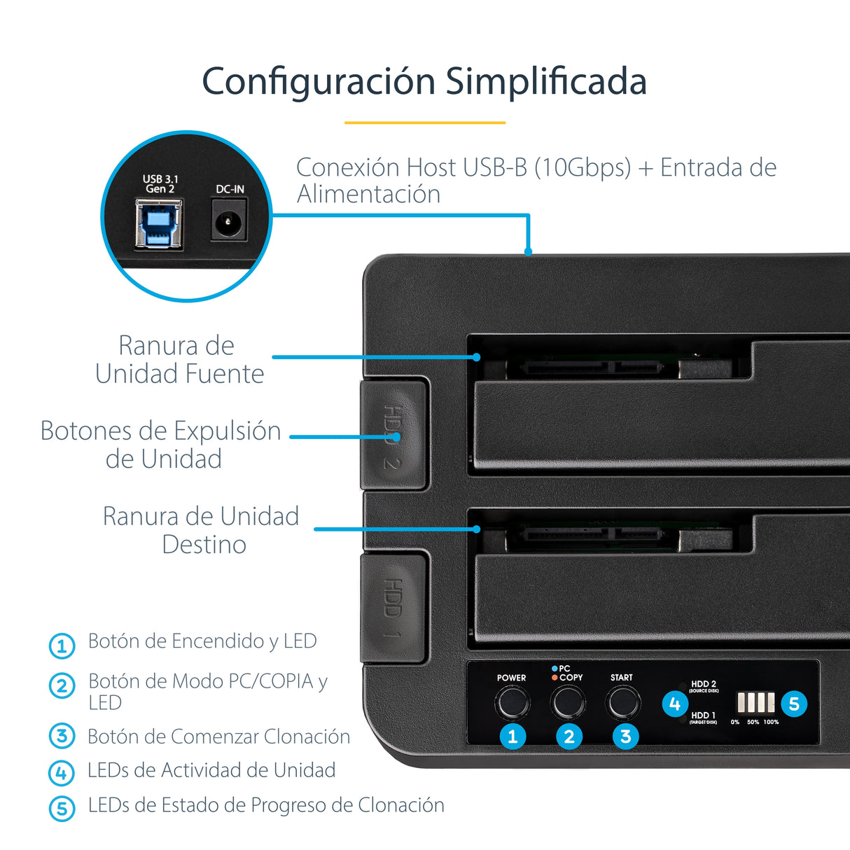 StarTech.com Duplicador Clonador Autónomo de Discos Duros o SSD SATA - Copiador de 2 Bahías - Base de Acoplamiento USB 3