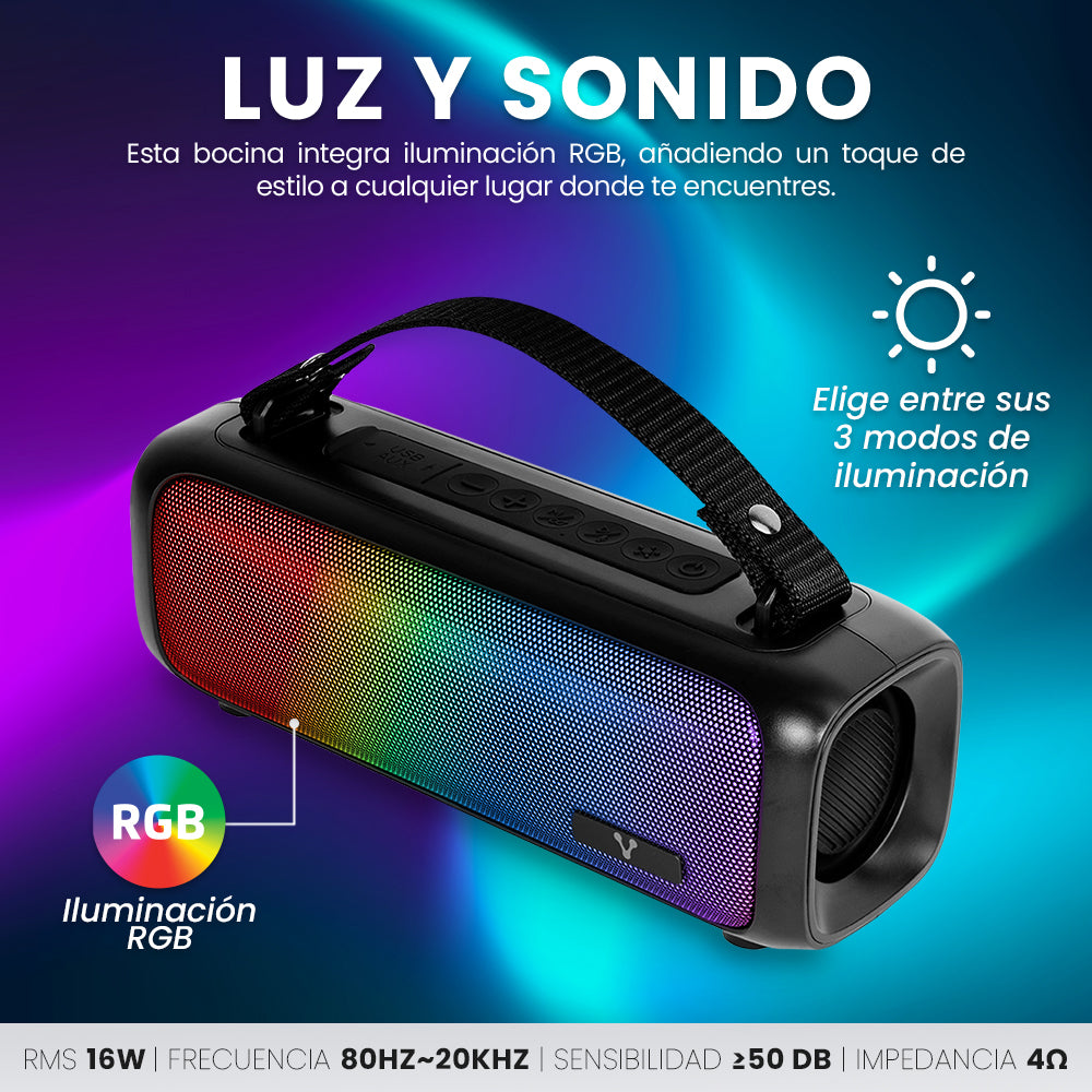 BOCINA VORAGO BSP-260 BLUETOOTH / USB / 3.5MM / LUZ RGB / TWS / 16W RMS CON HASTA 7 HRS AUTONOMIA