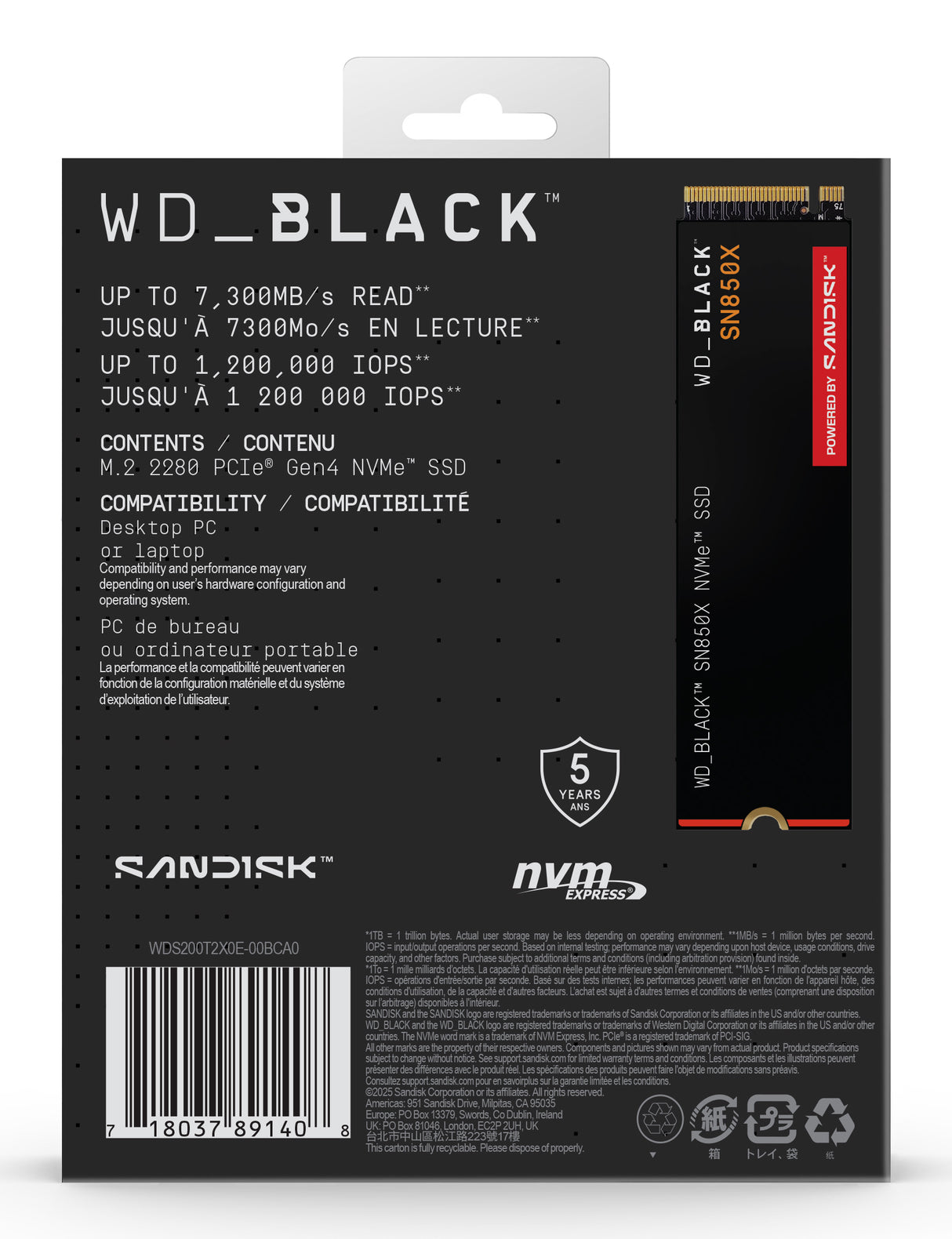 Western Digital WDS200T2X0E unidad interna de estado sólido 2 TB M.2 PCI Express 4.0 NVMe 3D TLC NAND, 7300 MB/s