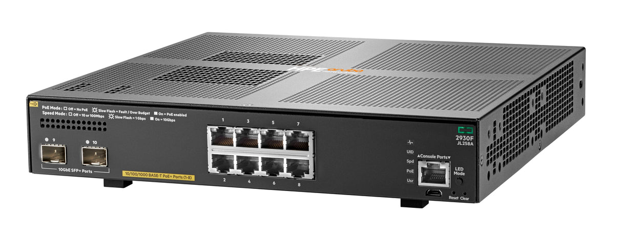 HPE Aruba Networking 2930F 8G PoE+ 2SFP+ Switch, Gestionado, Gigabit Ethernet (10/100/1000), Energía sobre Ethernet (PoE