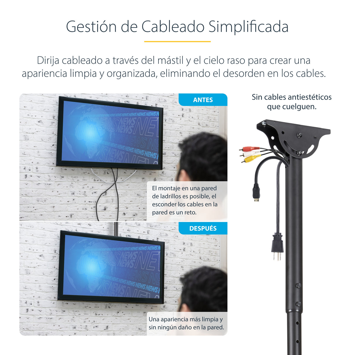 StarTech.com Soporte de Techo para TV - Soporte Universal de Cielo Raso para TV con Mástil Telescópico Largo Ajustable - Soporte VESA para Pantallas de 32" a 75" - Giro e Inclinación Monitor