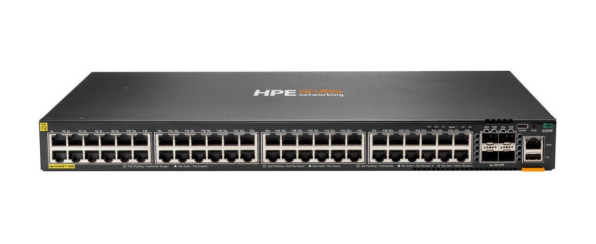 HPE Aruba Networking CX 6200F 48G Class4 PoE 4SFP+ 740W Switch, Gestionado, Gigabit Ethernet (10/100/1000), Energía sobr