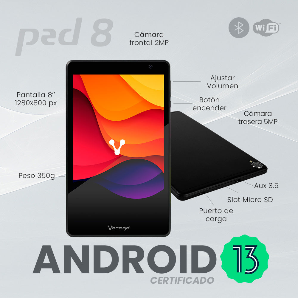 TABLET VORAGO PAD-7-KIDS 8"ANDROID 13 QUADCORE 4GB 64GB DUALCAM WIFI BT GMS NEGRA