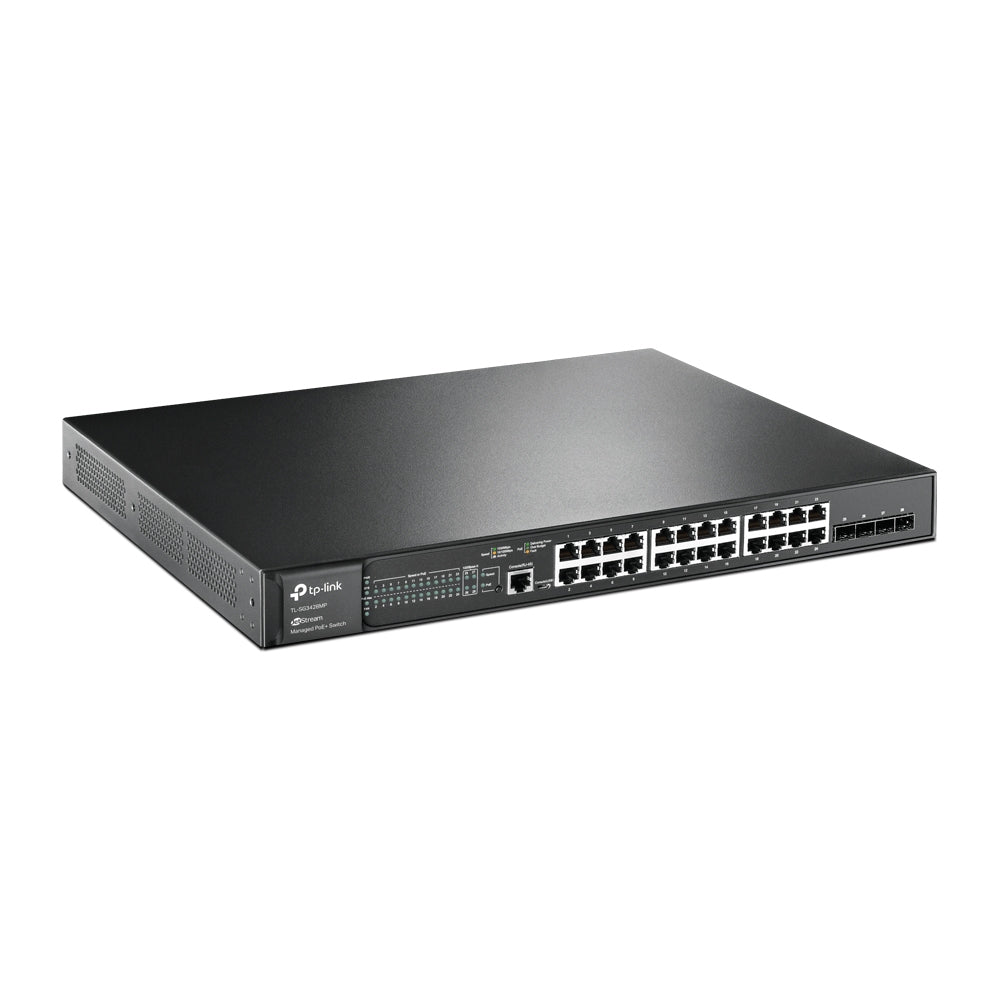 TL-SG3428MP - Switch TP-Link JetStream TL-SG3428MP administrable L2+ 24 puertos gigabit PoE+ 802.3at/af max. 384W 4 puertos SFP gigabit