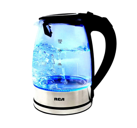 RCA RC-328 tetera eléctrica 1.8 L 1000 W Acero inoxidable, Transparente, Indicador de nivel de agua, Sin cables, Filtrad