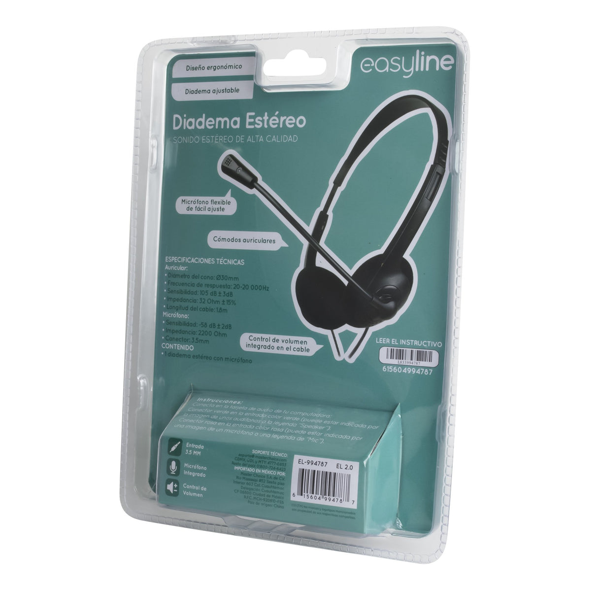 Easy Line EL-994787 audífono y auriculare Auriculares Alámbrico Diadema Llamadas/Música Negro, 20 - 20000 Hz