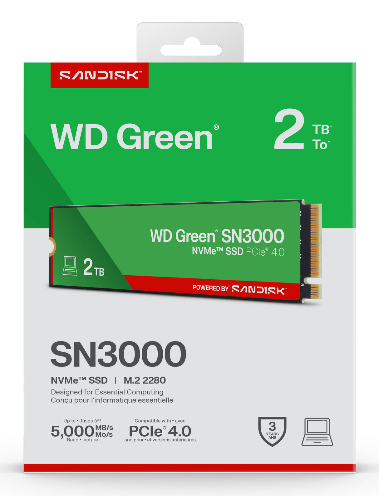 WD SSD Interno Green SN3000 2TB M.2 2280 NVMe PCIe Gen4, 5000 MB/s Lectura, 4200 MB/s Escritura