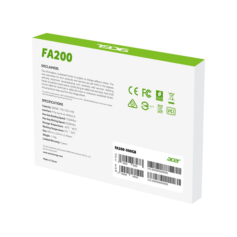 SSD Acer FA200 500GB M.2 NVMe Gen4 7200MB/s, PCIe 4.0 x4, 3D NAND, 2280 Form Factor