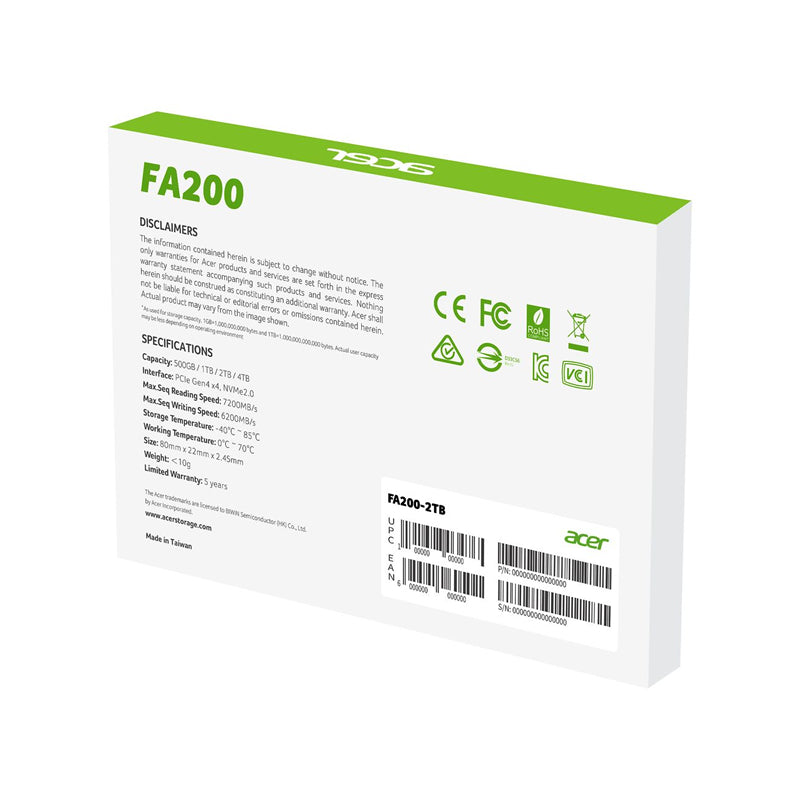 SSD Acer FA200 2TB M.2 NVMe Gen4 7200MB/s, PCIe 4.0 x4, 3D NAND, 2280 Form Factor