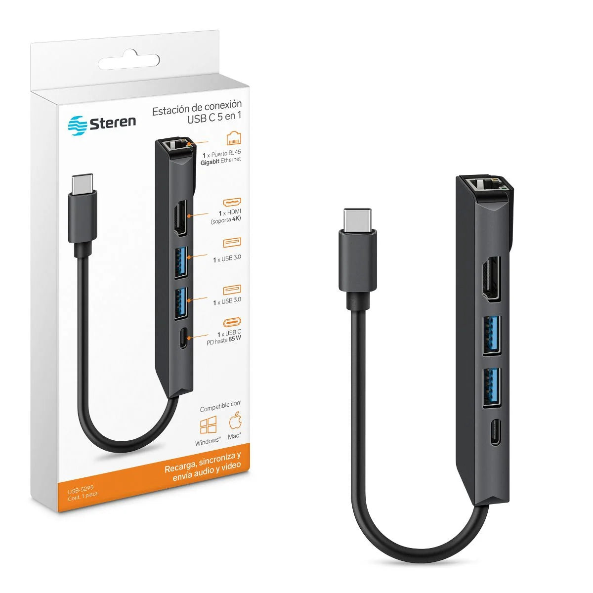 Steren USB-5295 base para laptop o replicador de puertos Alámbrico USB 3.2 Gen 1 (3.1 Gen 1) Type-C Gris, 100, 1000 Mbit