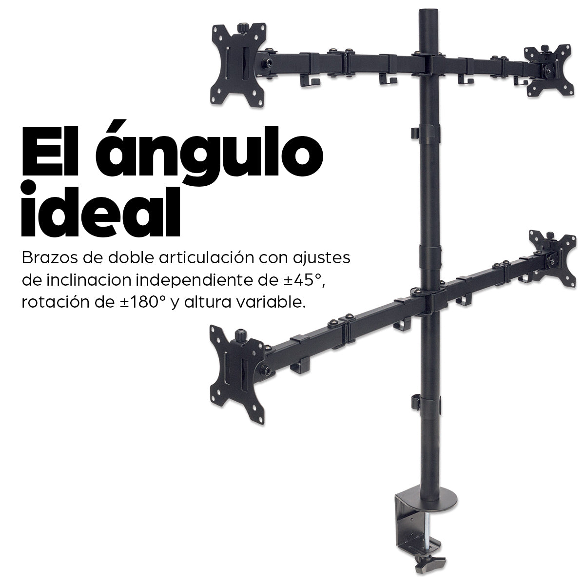 Manhattan Soporte de sobremesa para 4 monitores, pantallas 10"–27", base o abrazadera, Compatibilidad VESA: 75x75 y 100x