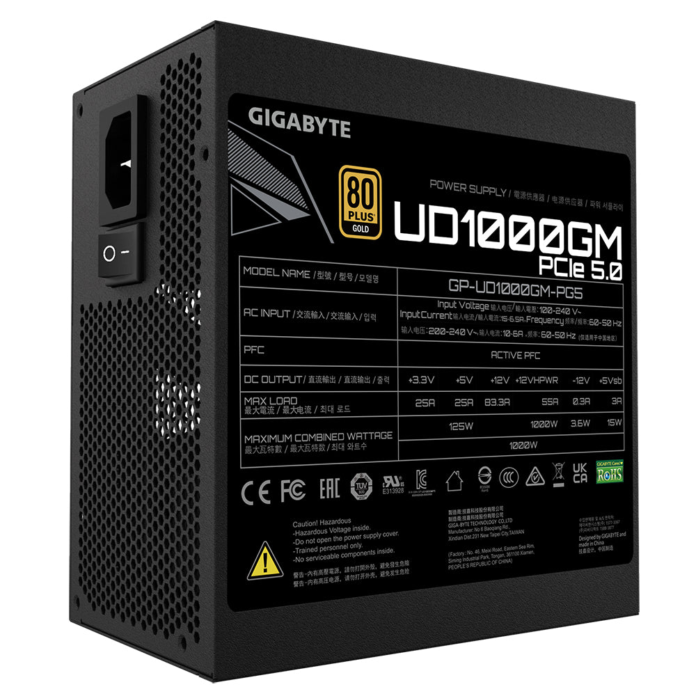 GIGABYTE UD1000GM PG5 V2 Fuente de Alimentación – PCIe Gen 5.1, 80 PLUS Gold, Diseño completamente modular, Ventilador de 120 mm, Compatible con ATX 3.1, Enchufe EU unidades de fuentes de alimentación 1000 W 100 - 240 V 50/60 Hz 15 - 6.5 A
