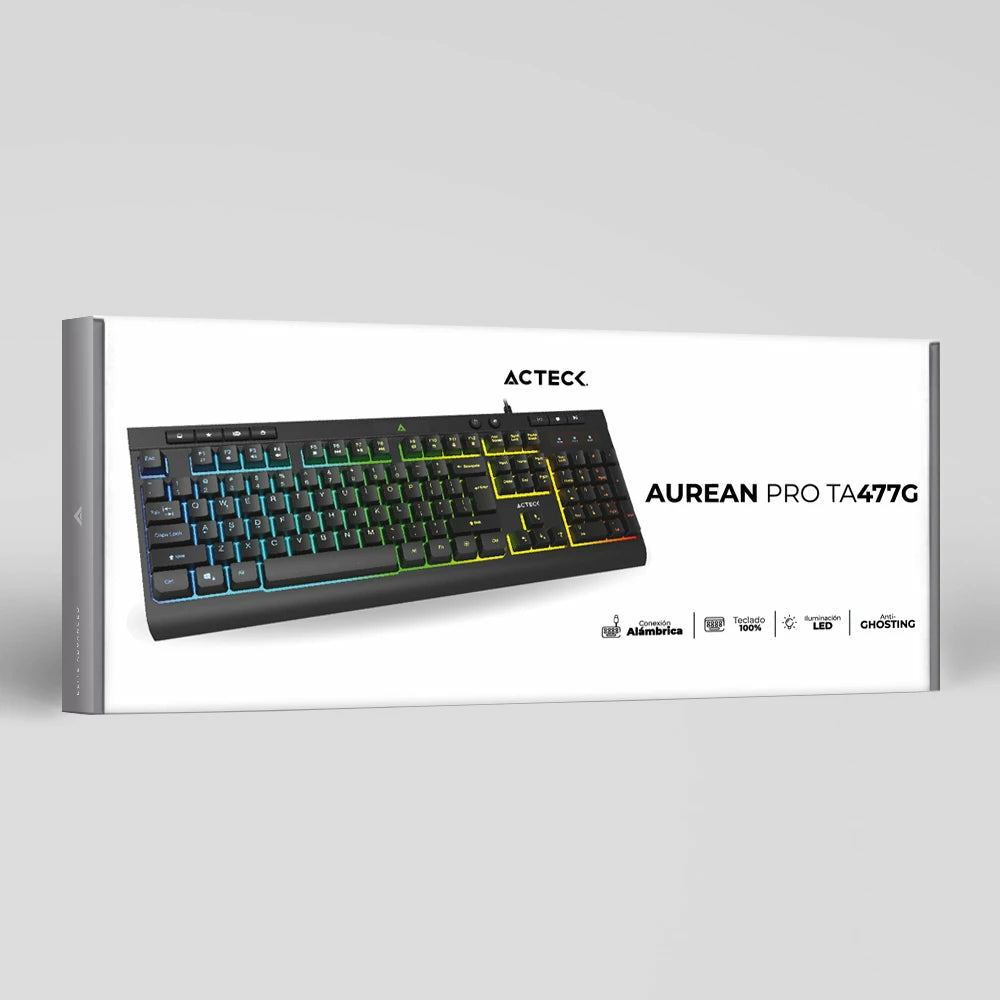Acteck Aurean Pro TA477G teclado Universal USB Negro, Tamaño completo (100%), Alámbrico, Interruptor de membrana