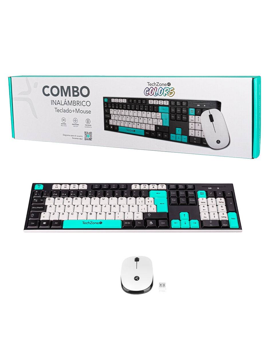 Kit Teclado y Mouse Techzone Gradient Negro c/azul menta y blanco conexión inalámbrica con 105 teclas y Mouse con 3 Boto