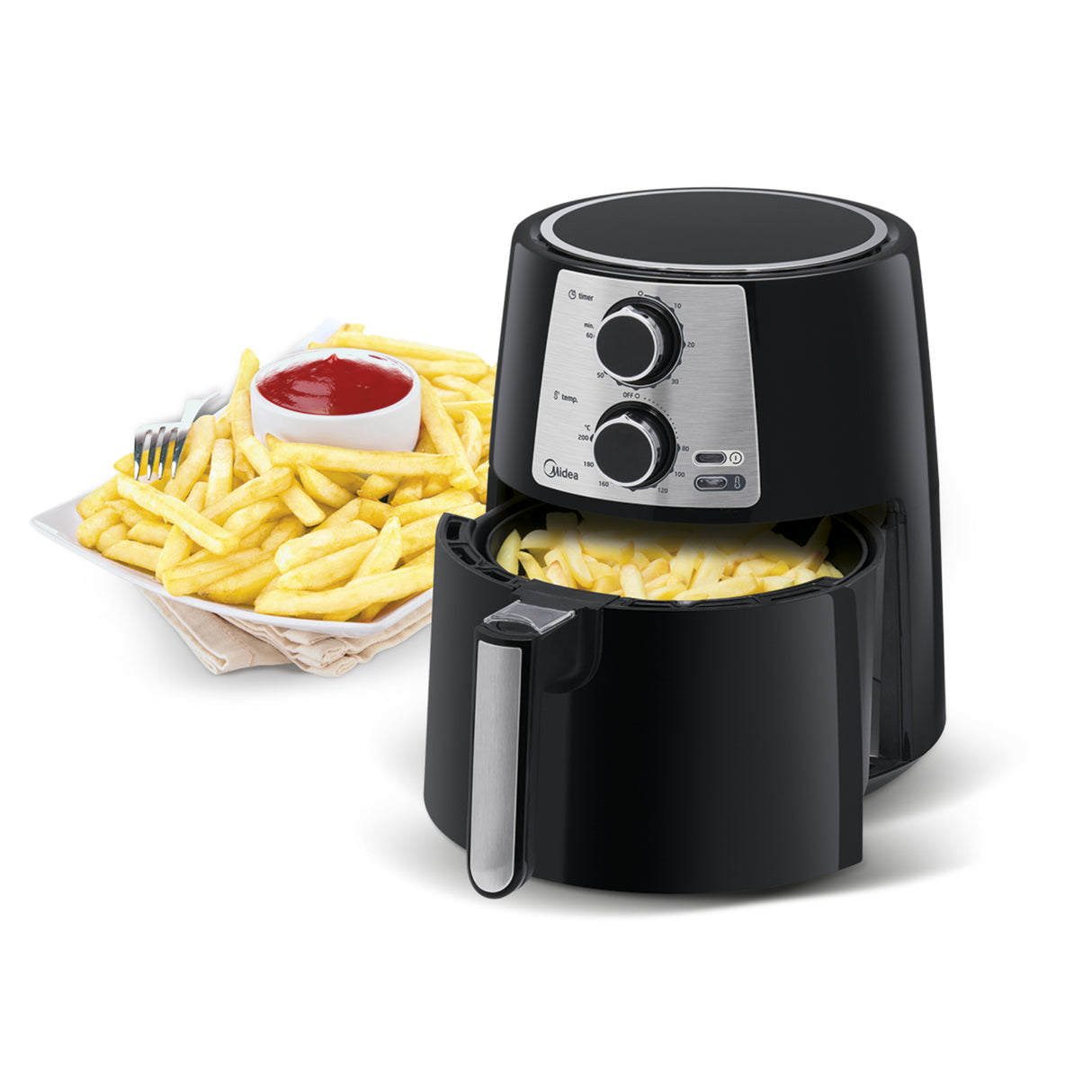 Midea MAF35N2SEB freidora 3.5 L Freidora de aire caliente Negro, Giratorio, Acero inoxidable