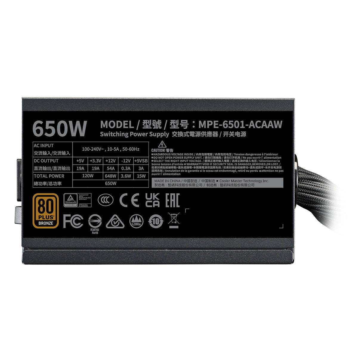 Cooler Master MWE Bronze 650 V3 unidad de fuente de alimentación 650 W 24-pines ATX ATX Negro, 100 - 240 V, Activo, 120