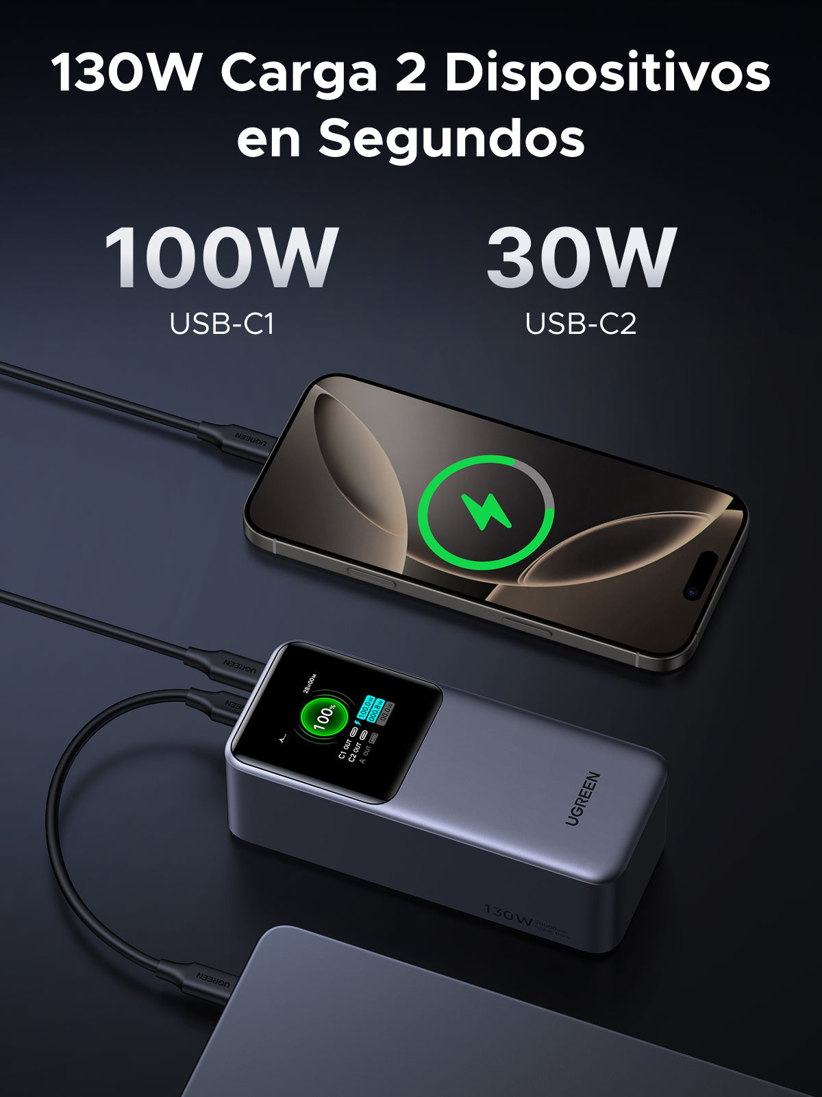 Ugreen 20000mAh 130W Fast Charging Powerbank Litio Gris