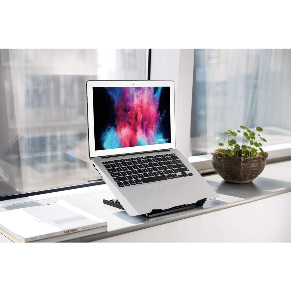 Manhattan Soporte para portátil y tablet ajustable (5 posiciones), apto para tablets y portátiles hasta 15,6", portátil y ligero, acero, negro Laptop Soporte para ordenador portátil Negro Acero 25,4 cm (10")
