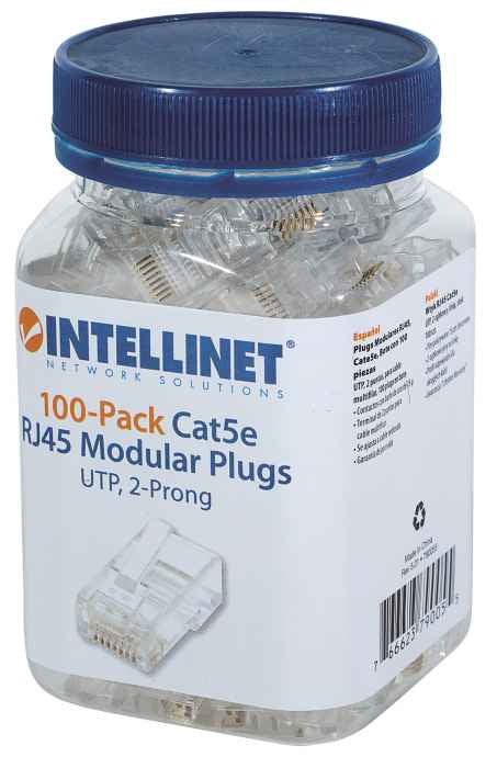 Intellinet PLUG RJ45 CAT5E MULTIFILAR UTP BOTE 100 PZAS ORO 15-MICRAS conectores RJ-45 Transparente Policarbonato Cat5e