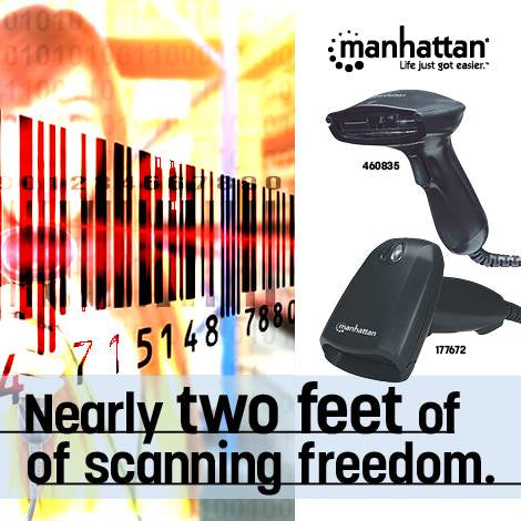 Manhattan Escáner CCD de contacto de largo alcance, de mano, USB, profundidad de lectura 500 mm, cable 1,5 m, luz ambiental máx. 10.000 lux, negro, garantía 3 años lectores de código barras 1D CCD No compatible 50 mm