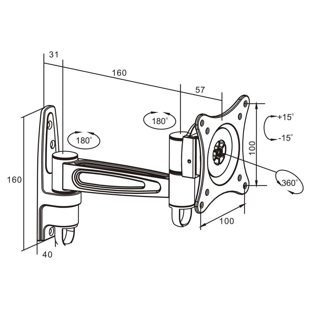 Manhattan Soporte para monitor, de pared, movimiento articulado, pantalla plana de 13" a 27" máximo 15 kg Monitor Negro