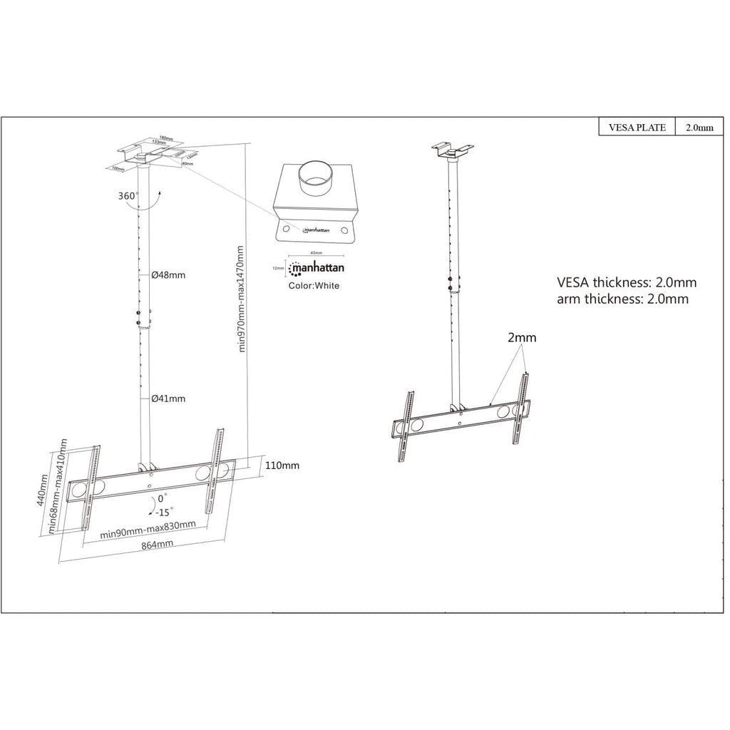 Manhattan Soporte de techo para TV/monitores, para pantallas de 37" a 75", altura ajustable de 105 a 156 cm, Compatibilidad VESA: de 200×200 a 800×400