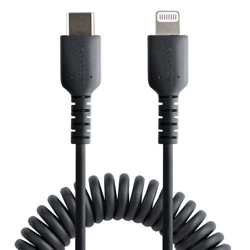 StarTech.com Cable de 50cm USB-C a Lightning MFi, Cable USB Tipo C Rizado de Carga Negro para iPhone, con Recubrimiento